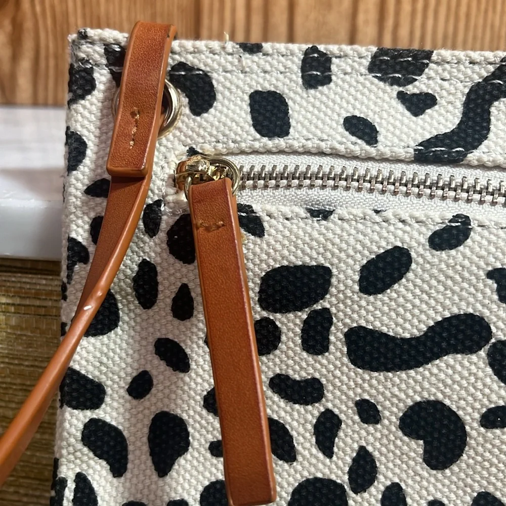 Anthropologie Leopard Print Clutch with Tan Leather Straps Canvas 8”x6”